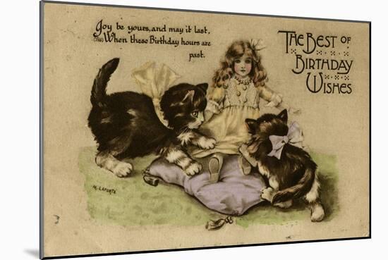 Two Kittens Playing with a Doll on a Birthday Postcard-null-Mounted Art Print