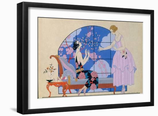 Two Ladies in a Salon, 1924 (Pen and Black Ink with Bodycolour)-Georges Barbier-Framed Giclee Print