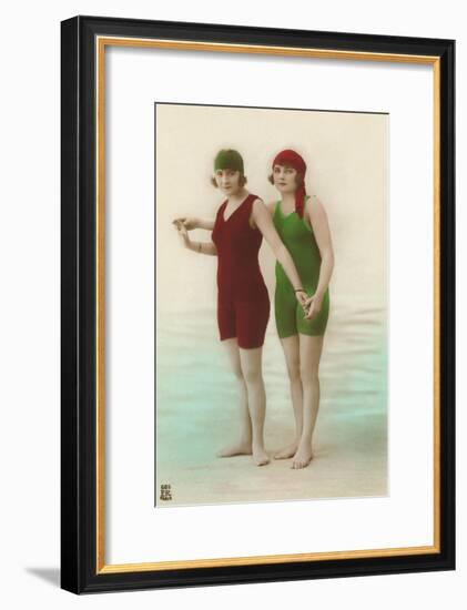 Two Ladies in Green and Red Bathing Suits-null-Framed Art Print