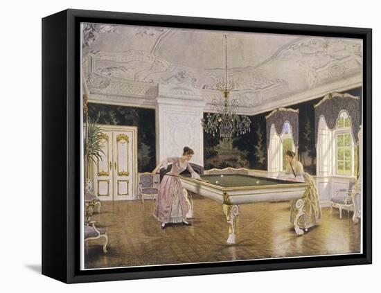 Two Ladies Play in an Elegant Billiard-Room-null-Framed Premier Image Canvas