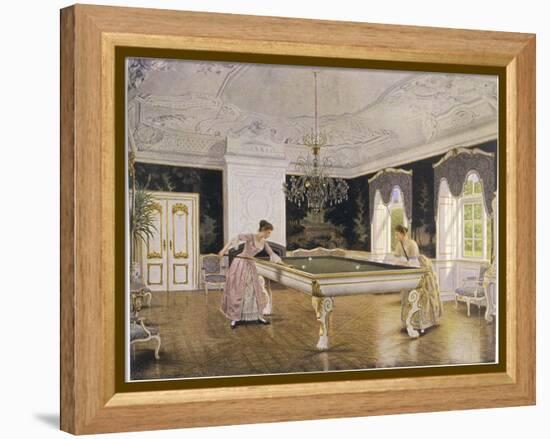 Two Ladies Play in an Elegant Billiard-Room-null-Framed Premier Image Canvas
