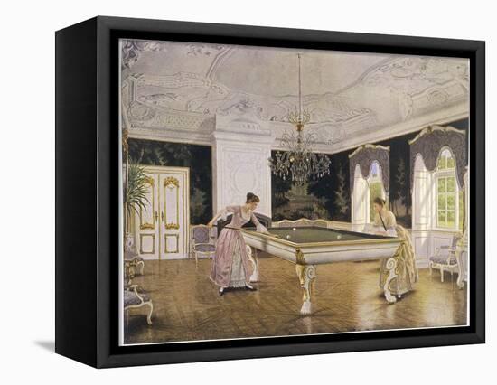 Two Ladies Play in an Elegant Billiard-Room-null-Framed Premier Image Canvas