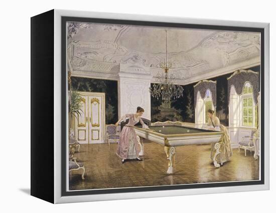 Two Ladies Play in an Elegant Billiard-Room-null-Framed Premier Image Canvas