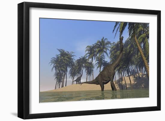 Two Large Brachiosaurus Grazing Along a Bay-null-Framed Premium Giclee Print