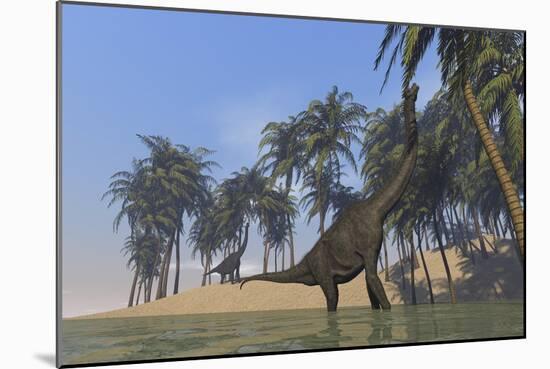 Two Large Brachiosaurus Grazing Along a Bay-null-Mounted Art Print