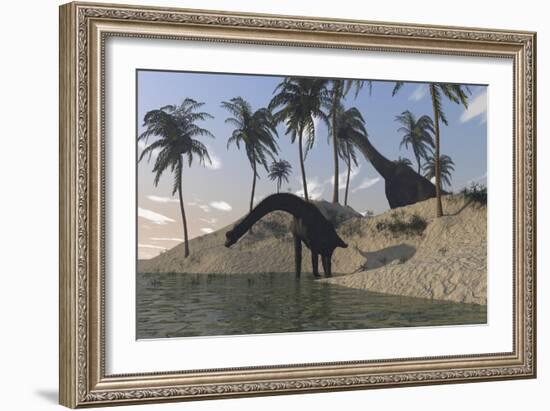 Two Large Brachiosaurus Grazing Along the Water's Edge-null-Framed Art Print