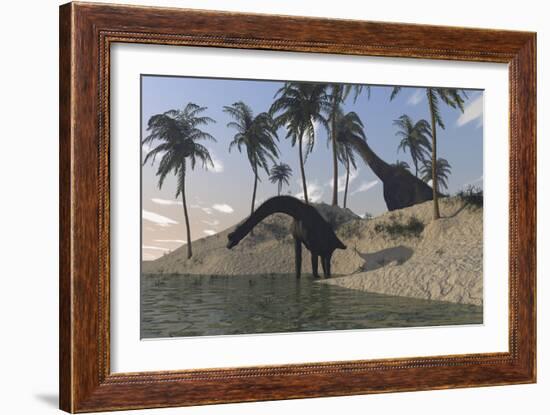 Two Large Brachiosaurus Grazing Along the Water's Edge-null-Framed Art Print