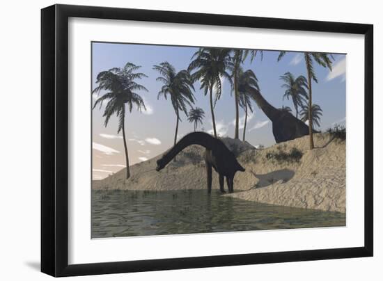 Two Large Brachiosaurus Grazing Along the Water's Edge-null-Framed Art Print