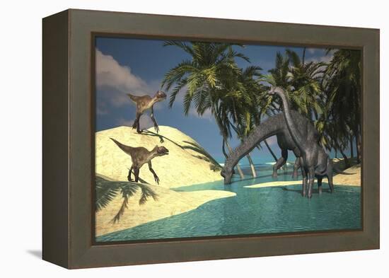 Two Large Brachiosaurus Grazing in Shallow Waters as Two Utahraptors Approach-null-Framed Stretched Canvas