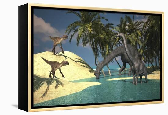 Two Large Brachiosaurus Grazing in Shallow Waters as Two Utahraptors Approach-null-Framed Stretched Canvas