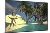 Two Large Brachiosaurus Grazing in Shallow Waters as Two Utahraptors Approach-null-Mounted Art Print