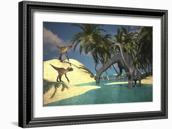 Two Large Brachiosaurus Grazing in Shallow Waters as Two Utahraptors Approach-null-Framed Art Print
