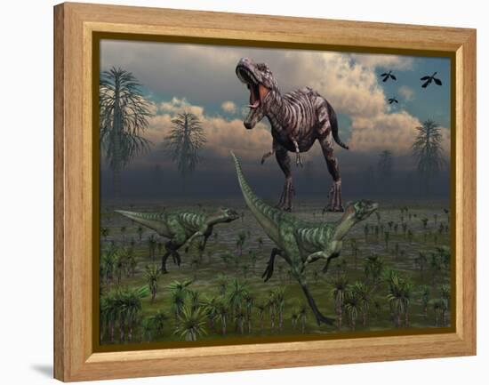 Two Lesothosaurus Dinosaurs Run Out of the Way of a T-Rex on a Rampage-Stocktrek Images-Framed Premier Image Canvas