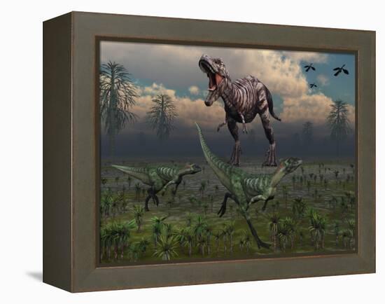 Two Lesothosaurus Dinosaurs Run Out of the Way of a T-Rex on a Rampage-Stocktrek Images-Framed Premier Image Canvas