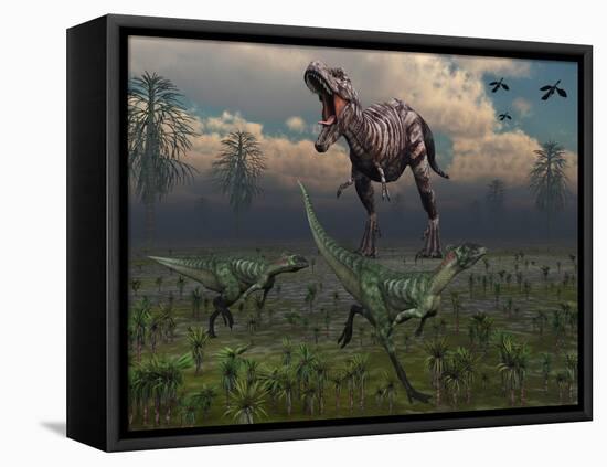 Two Lesothosaurus Dinosaurs Run Out of the Way of a T-Rex on a Rampage-Stocktrek Images-Framed Premier Image Canvas