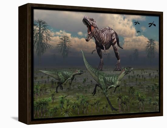 Two Lesothosaurus Dinosaurs Run Out of the Way of a T-Rex on a Rampage-Stocktrek Images-Framed Premier Image Canvas