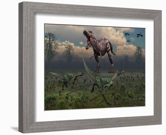 Two Lesothosaurus Dinosaurs Run Out of the Way of a T-Rex on a Rampage-Stocktrek Images-Framed Photographic Print