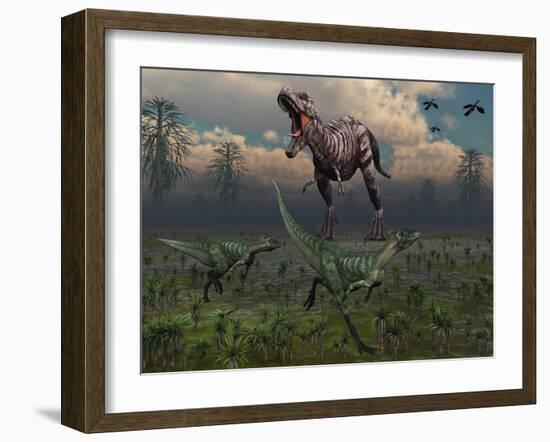 Two Lesothosaurus Dinosaurs Run Out of the Way of a T-Rex on a Rampage-Stocktrek Images-Framed Photographic Print