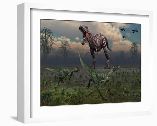 Two Lesothosaurus Dinosaurs Run Out of the Way of a T-Rex on a Rampage-Stocktrek Images-Framed Photographic Print