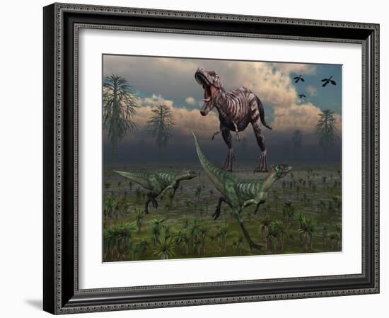 Two Lesothosaurus Dinosaurs Run Out of the Way of a T-Rex on a Rampage-Stocktrek Images-Framed Photographic Print