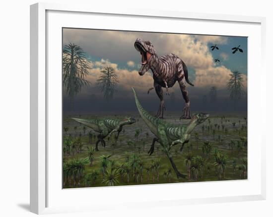 Two Lesothosaurus Dinosaurs Run Out of the Way of a T-Rex on a Rampage-Stocktrek Images-Framed Photographic Print