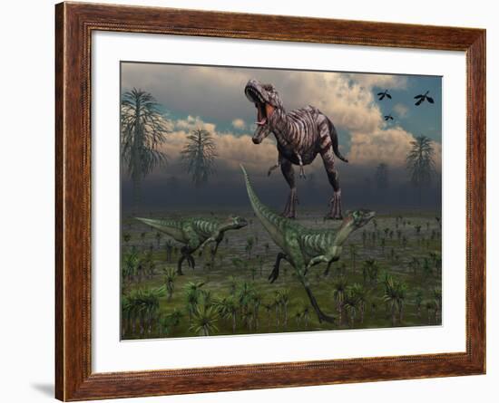 Two Lesothosaurus Dinosaurs Run Out of the Way of a T-Rex on a Rampage-Stocktrek Images-Framed Photographic Print