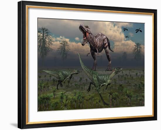 Two Lesothosaurus Dinosaurs Run Out of the Way of a T-Rex on a Rampage-Stocktrek Images-Framed Photographic Print