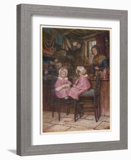 Two Little Girls Dressed in Pink Outfits Sit at the Counter of a Toy and Sweet Shop-Helen Allingham-Framed Art Print