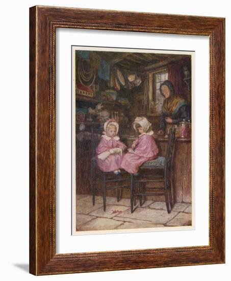 Two Little Girls Dressed in Pink Outfits Sit at the Counter of a Toy and Sweet Shop-Helen Allingham-Framed Art Print