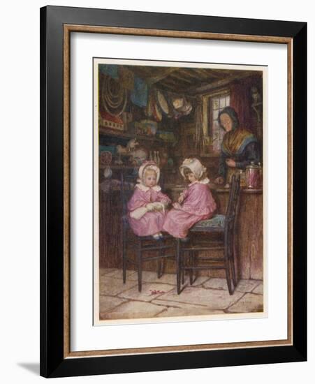 Two Little Girls Dressed in Pink Outfits Sit at the Counter of a Toy and Sweet Shop-Helen Allingham-Framed Art Print