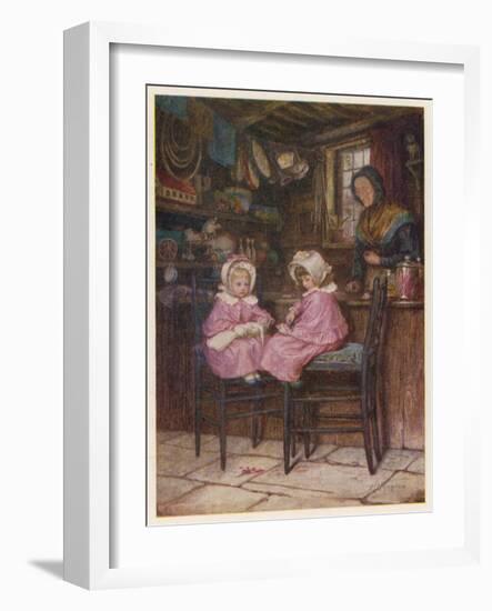 Two Little Girls Dressed in Pink Outfits Sit at the Counter of a Toy and Sweet Shop-Helen Allingham-Framed Art Print