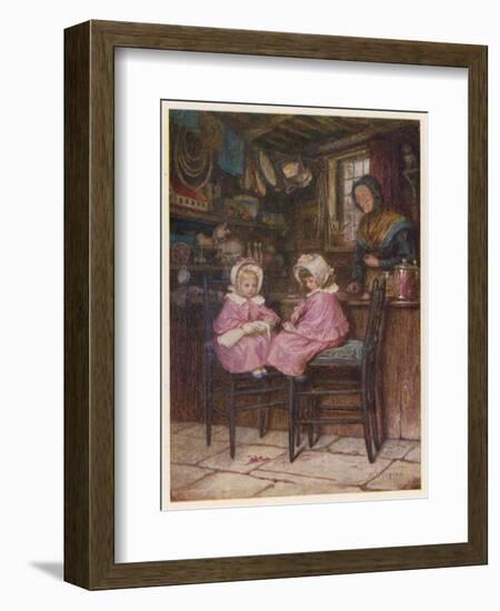 Two Little Girls Dressed in Pink Outfits Sit at the Counter of a Toy and Sweet Shop-Helen Allingham-Framed Art Print