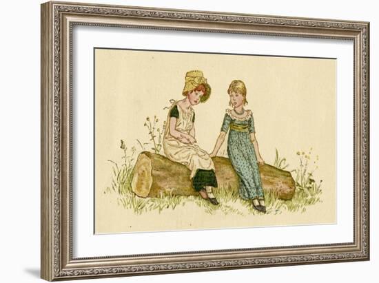 Two Little Girls Sitting on a Log-Kate Greenaway-Framed Art Print