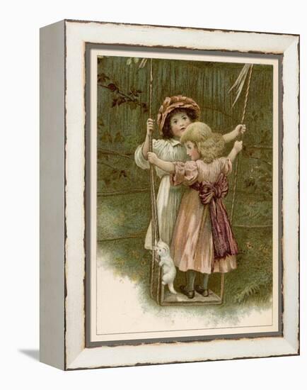 Two Little Girls Stand on a Swing with a White Kitten-null-Framed Stretched Canvas