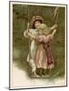 Two Little Girls Stand on a Swing with a White Kitten-null-Mounted Art Print