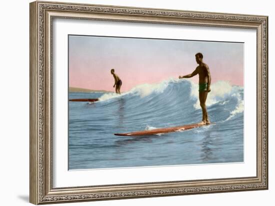 Two Long Board Surfers-null-Framed Art Print