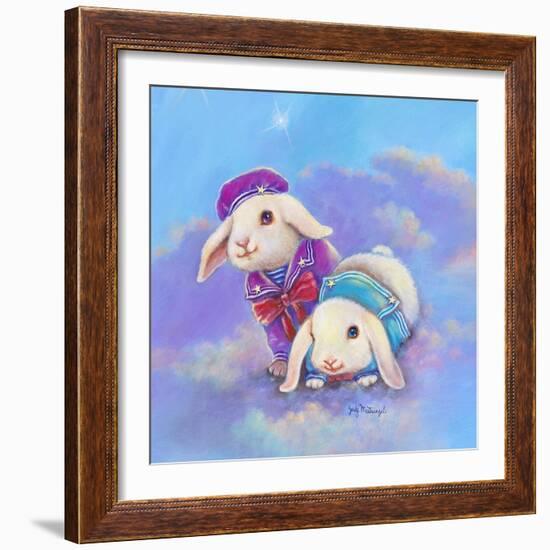 Two Lop Eared Bunnies Mouse and Two Bunnies in Clouds I-Judy Mastrangelo-Framed Giclee Print