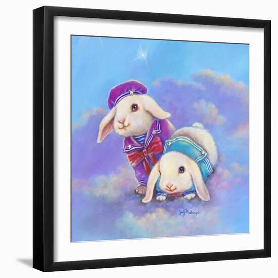 Two Lop Eared Bunnies Mouse and Two Bunnies in Clouds I-Judy Mastrangelo-Framed Giclee Print