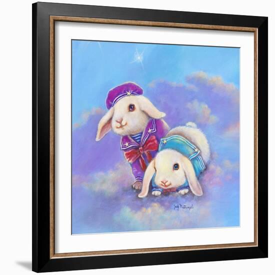 Two Lop Eared Bunnies Mouse and Two Bunnies in Clouds I-Judy Mastrangelo-Framed Giclee Print