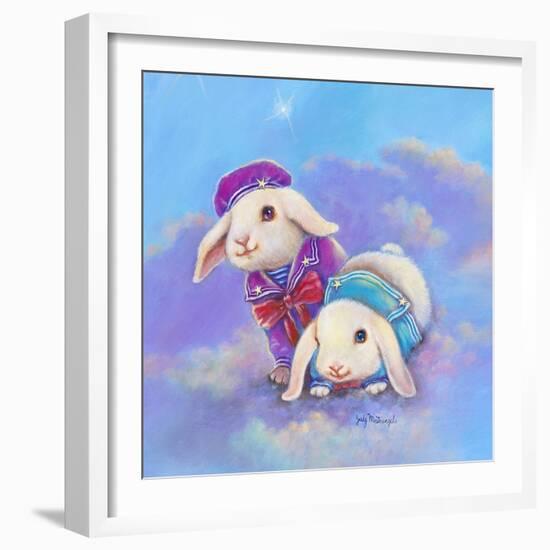 Two Lop Eared Bunnies Mouse and Two Bunnies in Clouds I-Judy Mastrangelo-Framed Giclee Print