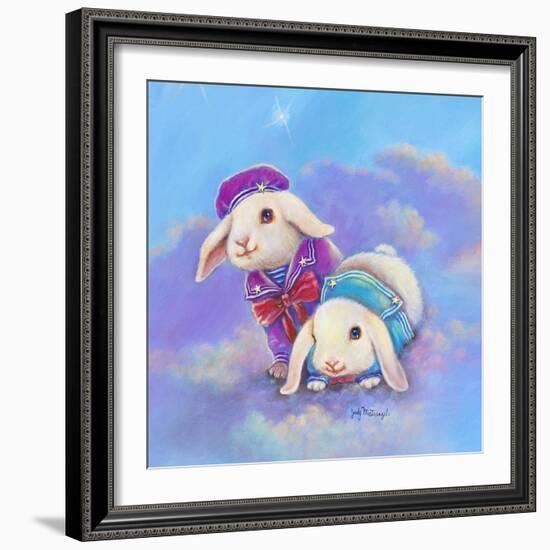 Two Lop Eared Bunnies Mouse and Two Bunnies in Clouds I-Judy Mastrangelo-Framed Giclee Print