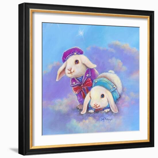 Two Lop Eared Bunnies Mouse and Two Bunnies in Clouds I-Judy Mastrangelo-Framed Giclee Print