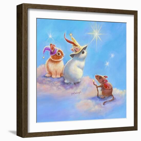 Two Lop Eared Bunnies Mouse and Two Bunnies in Clouds II-Judy Mastrangelo-Framed Giclee Print