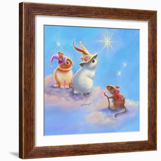 Two Lop Eared Bunnies Mouse and Two Bunnies in Clouds II-Judy Mastrangelo-Framed Giclee Print