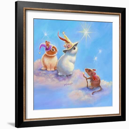 Two Lop Eared Bunnies Mouse and Two Bunnies in Clouds II-Judy Mastrangelo-Framed Giclee Print