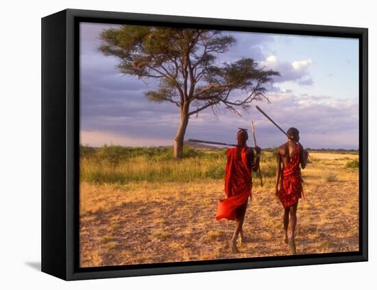 Two Maasai Morans Walking with Spears at Sunset, Amboseli National Park, Kenya-Alison Jones-Framed Premier Image Canvas