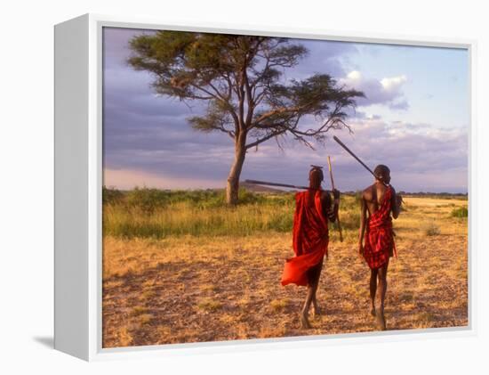 Two Maasai Morans Walking with Spears at Sunset, Amboseli National Park, Kenya-Alison Jones-Framed Premier Image Canvas