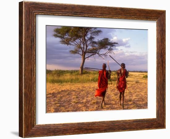 Two Maasai Morans Walking with Spears at Sunset, Amboseli National Park, Kenya-Alison Jones-Framed Photographic Print