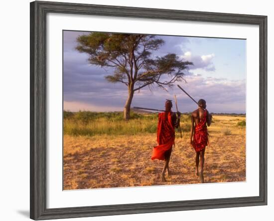 Two Maasai Morans Walking with Spears at Sunset, Amboseli National Park, Kenya-Alison Jones-Framed Photographic Print