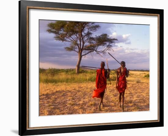 Two Maasai Morans Walking with Spears at Sunset, Amboseli National Park, Kenya-Alison Jones-Framed Photographic Print